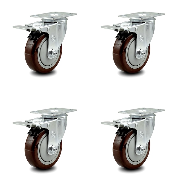 4 Inch Maroon Polyurethane Swivel Top Plate Caster Set with Total Lock Brake SCC